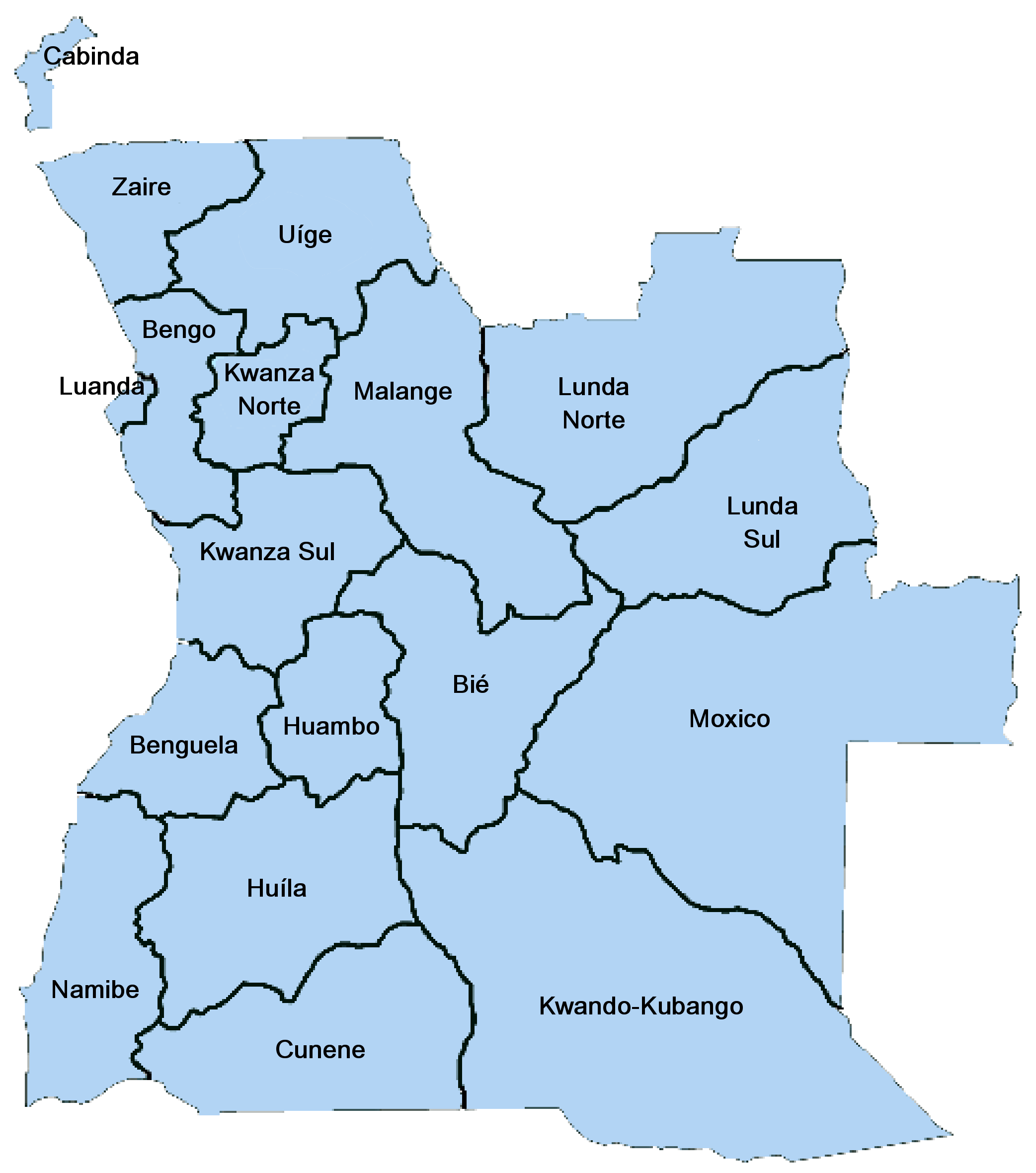 Mapa de Angola por províncias com cobertura operacional WJ VIAS
